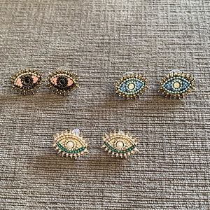 3 Pairs of Rhinestone Bling Evil Eye Protection Large Stud Earrings